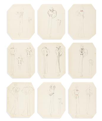 (FASHION -- ART DECO.) Group of approximately 45 loose sketches of womens clothing and accessories.